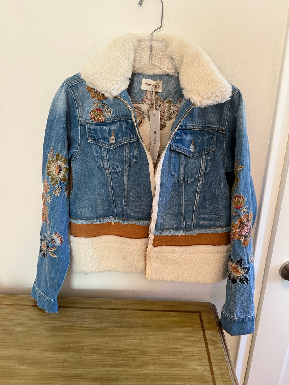 DRIFTWOOD Blue Embroidered Sherpa-Trim Denim Jacket